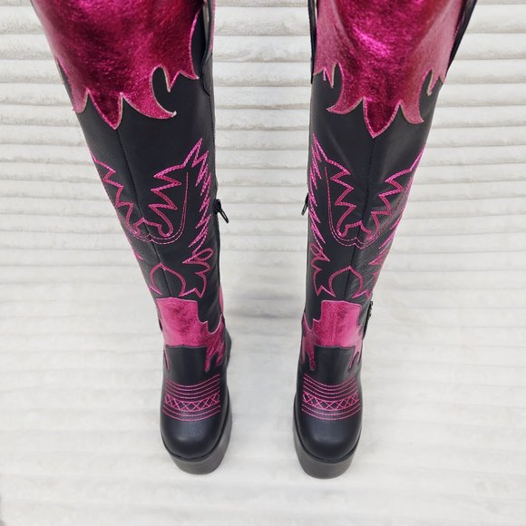 Free Your Mind Western Designed Platform Chunky Heel Knee Boots Festival Gothic - Picture 6 of 17